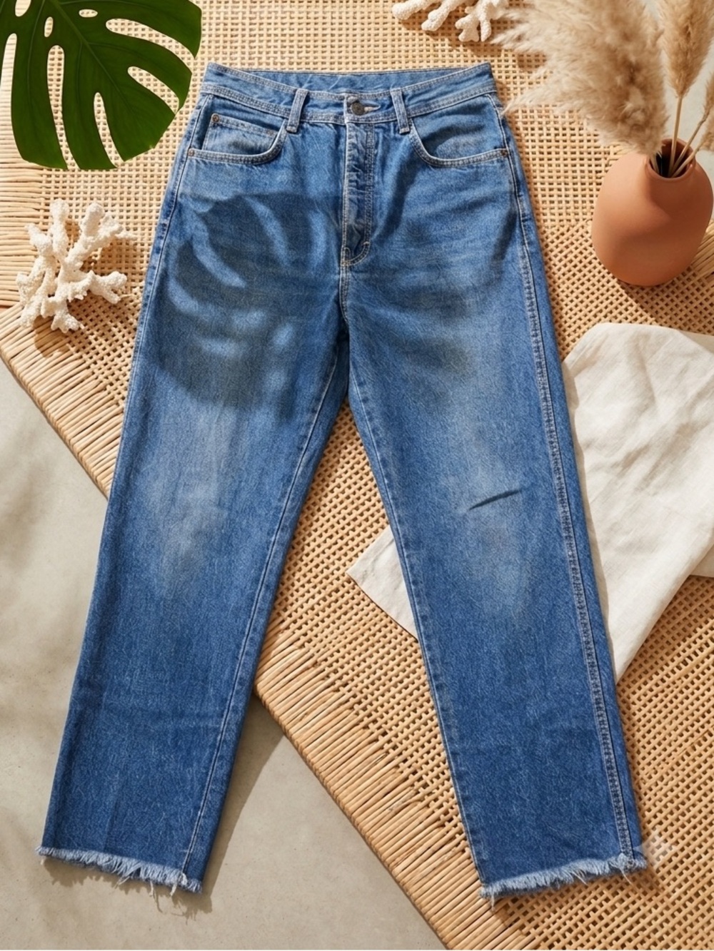 RESCUE Vintage Blue High Waisted Straight Leg Jeans Raw Fringed Hem Denim Pants